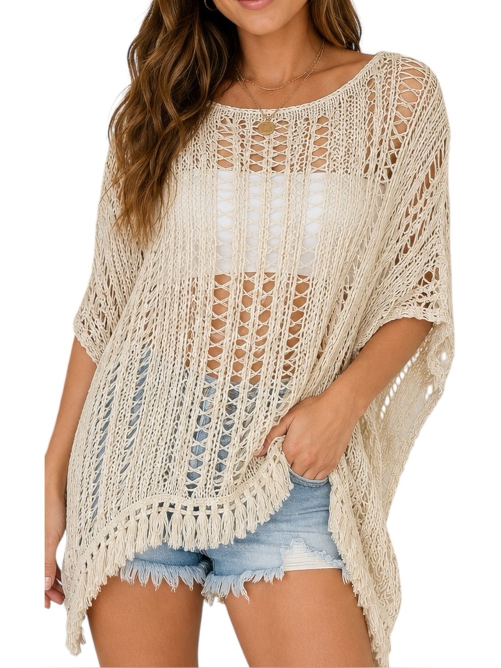 Baciano Boho Open Knit Fringe Poncho Sweater Cover Up Cream S NWT